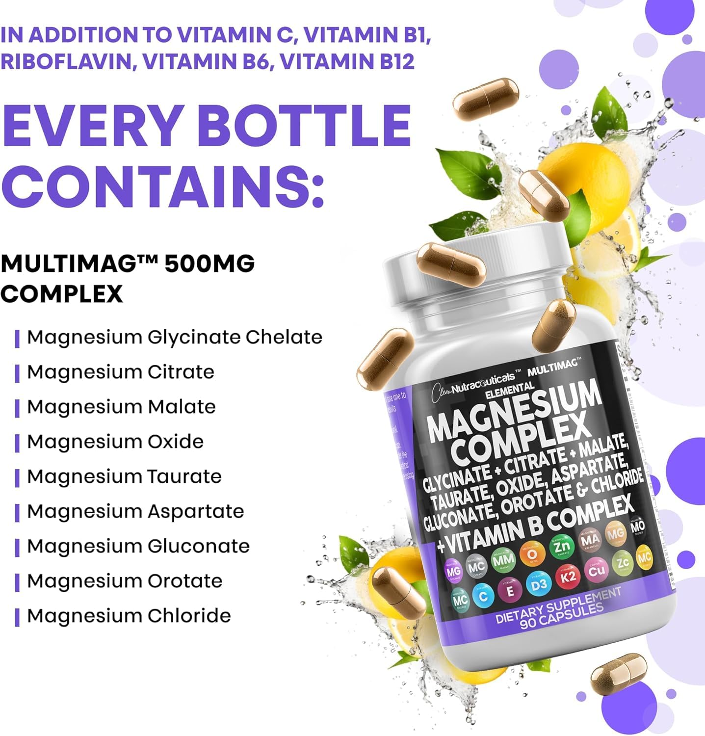 Clean Nutraceuticals Magnesium Complex with Magnesium Glycinate Citrate Malate Oxide Taurate Aspartate Orotate & Mag Chloride, Zinc Copper Manganese (90 Count (Pack of 2)) - dailyvitalstore