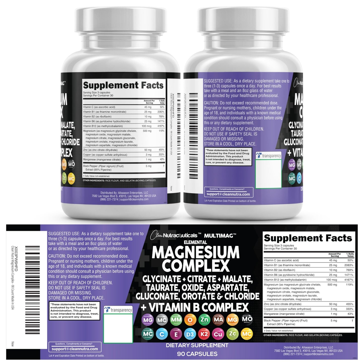 Clean Nutraceuticals Magnesium Complex with Magnesium Glycinate Citrate Malate Oxide Taurate Aspartate Orotate & Mag Chloride, Zinc Copper Manganese (90 Count (Pack of 2)) - dailyvitalstore