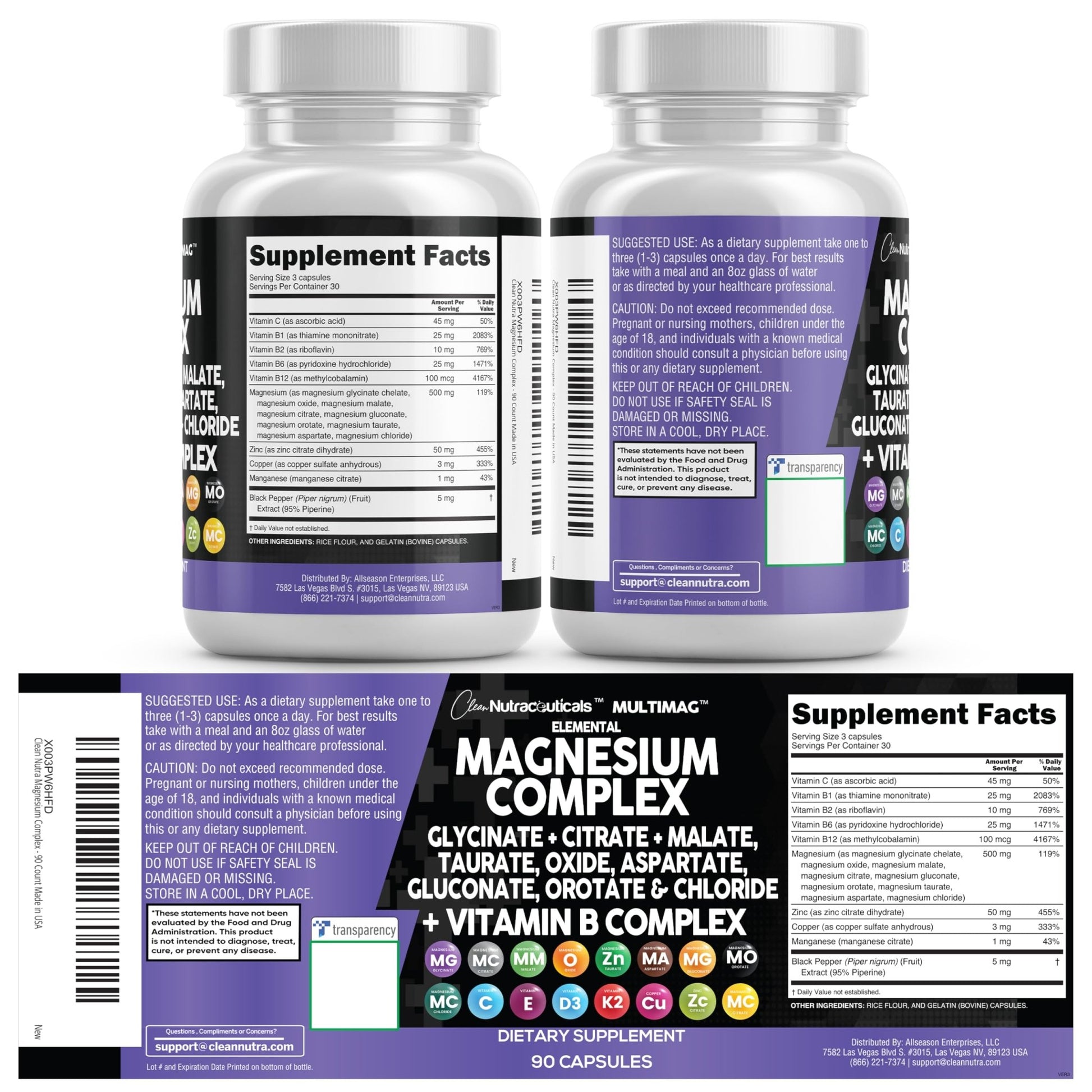 Clean Nutraceuticals Magnesium Complex with Magnesium Glycinate Citrate Malate Oxide Taurate Aspartate Orotate & Mag Chloride, Zinc Copper Manganese (90 Count (Pack of 2)) - dailyvitalstore