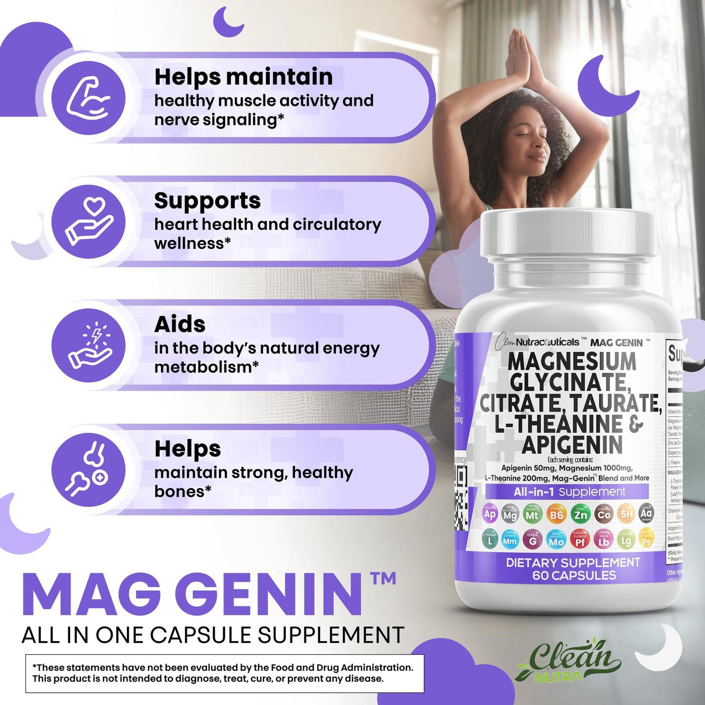 Clean Nutraceuticals Magnesium Glycinate Complex 1000mg with L-Theanine 200mg Apigenin 50mg Citrate Taurate Supplement - 5-HTP GABA Passion Flower Lemon Balm L-Glycine Phosphatidylserine - 60 Count - dailyvitalstore