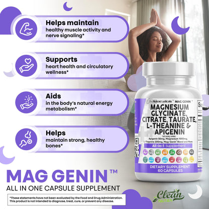 Clean Nutraceuticals Magnesium Glycinate Complex 1000mg with L-Theanine 200mg Apigenin 50mg Citrate Taurate Supplement - 5-HTP GABA Passion Flower Lemon Balm L-Glycine Phosphatidylserine - 60 Count - dailyvitalstore
