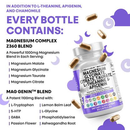 Clean Nutraceuticals Magnesium Glycinate Complex 1000mg with L-Theanine 200mg Apigenin 50mg Citrate Taurate Supplement - 5-HTP GABA Passion Flower Lemon Balm L-Glycine Phosphatidylserine - 60 Count - dailyvitalstore