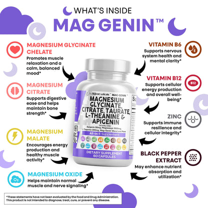Clean Nutraceuticals Magnesium Glycinate Complex 1000mg with L-Theanine 200mg Apigenin 50mg Citrate Taurate Supplement - 5-HTP GABA Passion Flower Lemon Balm L-Glycine Phosphatidylserine - 60 Count - dailyvitalstore