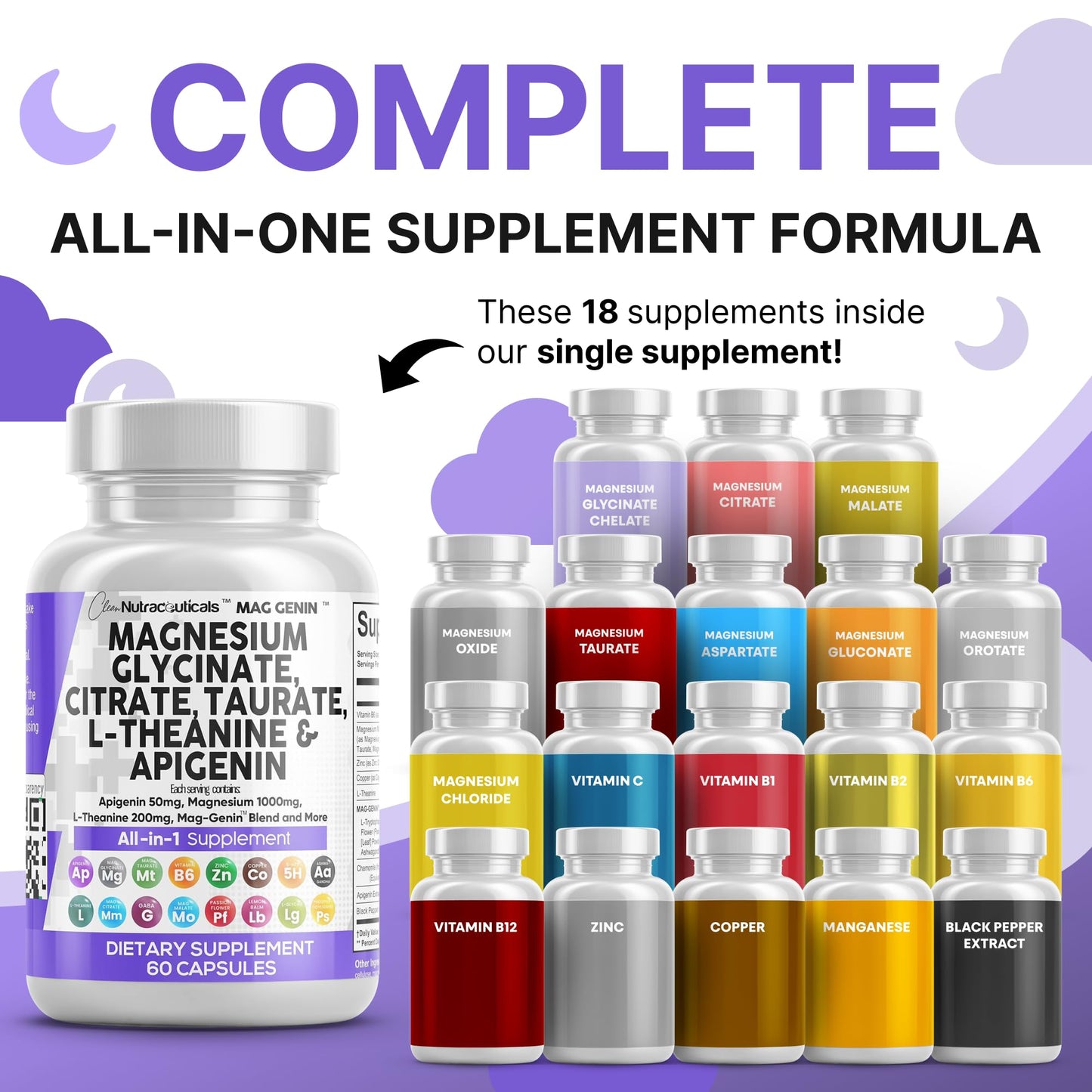 Clean Nutraceuticals Magnesium Glycinate Complex 1000mg with L-Theanine 200mg Apigenin 50mg Citrate Taurate Supplement - 5-HTP GABA Passion Flower Lemon Balm L-Glycine Phosphatidylserine - 60 Count - dailyvitalstore