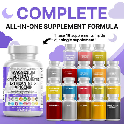 Clean Nutraceuticals Magnesium Glycinate Complex 1000mg with L-Theanine 200mg Apigenin 50mg Citrate Taurate Supplement - 5-HTP GABA Passion Flower Lemon Balm L-Glycine Phosphatidylserine - 60 Count - dailyvitalstore