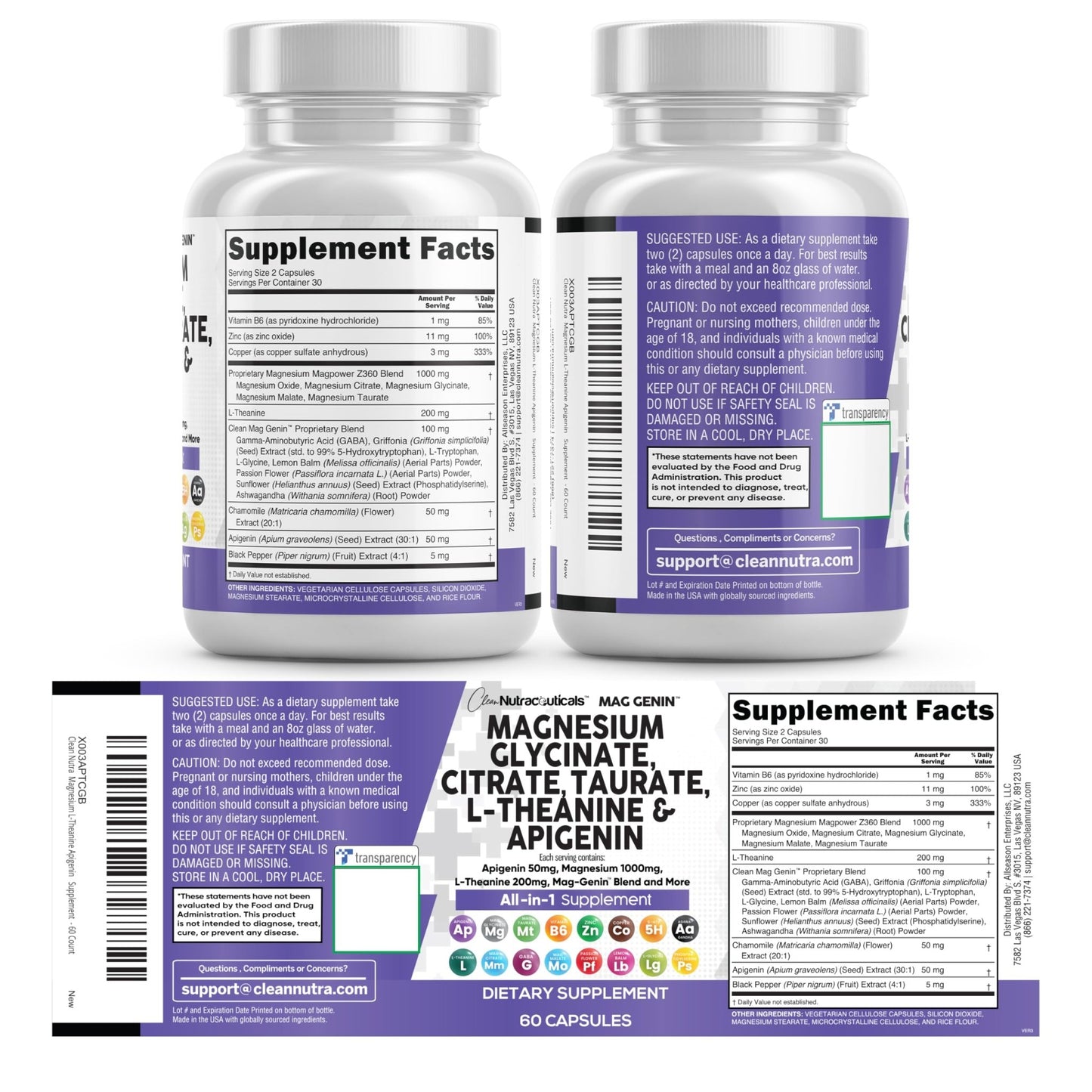 Clean Nutraceuticals Magnesium Glycinate Complex 1000mg with L-Theanine 200mg Apigenin 50mg Citrate Taurate Supplement - 5-HTP GABA Passion Flower Lemon Balm L-Glycine Phosphatidylserine - 60 Count - dailyvitalstore