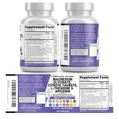Clean Nutraceuticals Magnesium Glycinate Complex 1000mg with L-Theanine 200mg Apigenin 50mg Citrate Taurate Supplement - 5-HTP GABA Passion Flower Lemon Balm L-Glycine Phosphatidylserine - 60 Count - dailyvitalstore