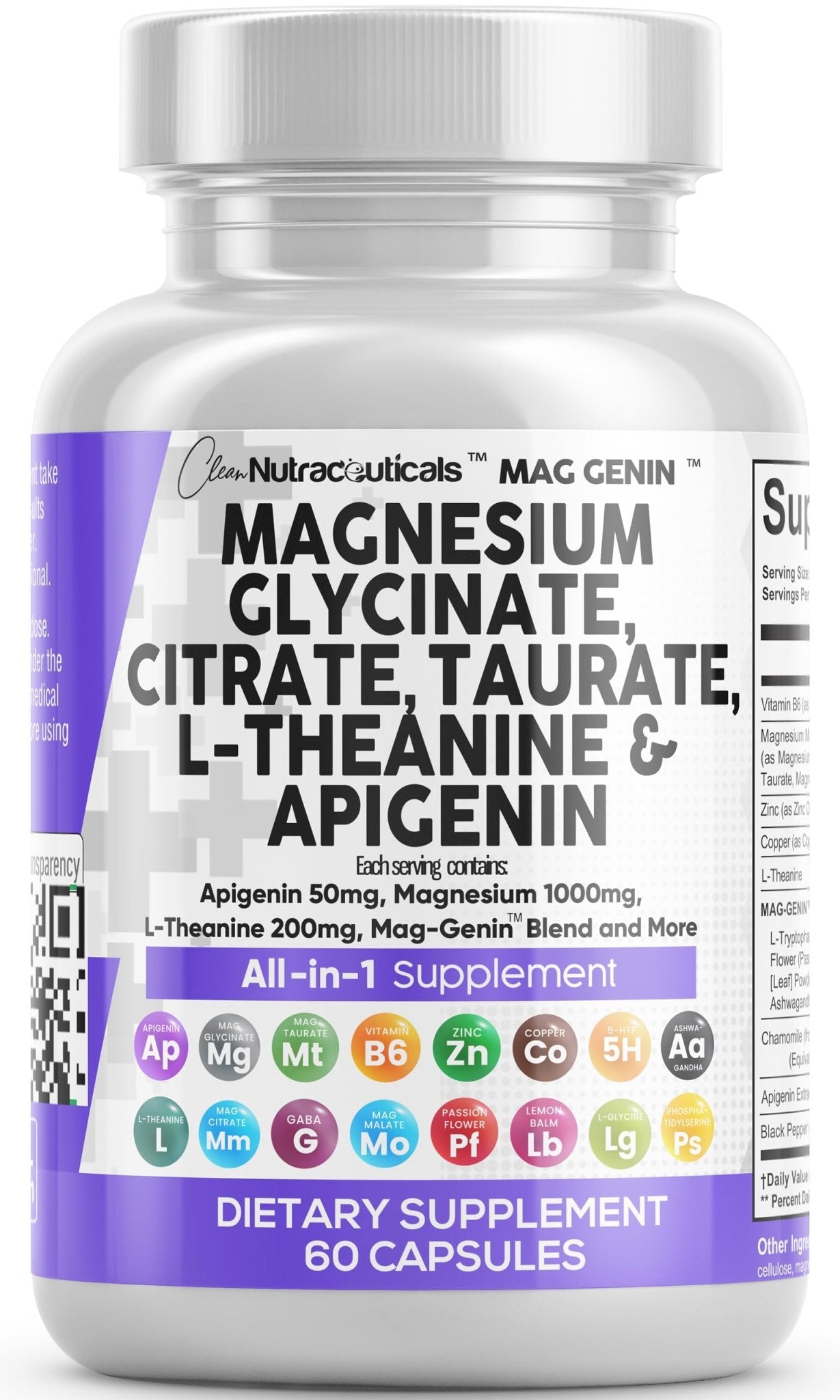 Clean Nutraceuticals Magnesium Glycinate Complex 1000mg with L-Theanine 200mg Apigenin 50mg Citrate Taurate Supplement - 5-HTP GABA Passion Flower Lemon Balm L-Glycine Phosphatidylserine - 60 Count - dailyvitalstore