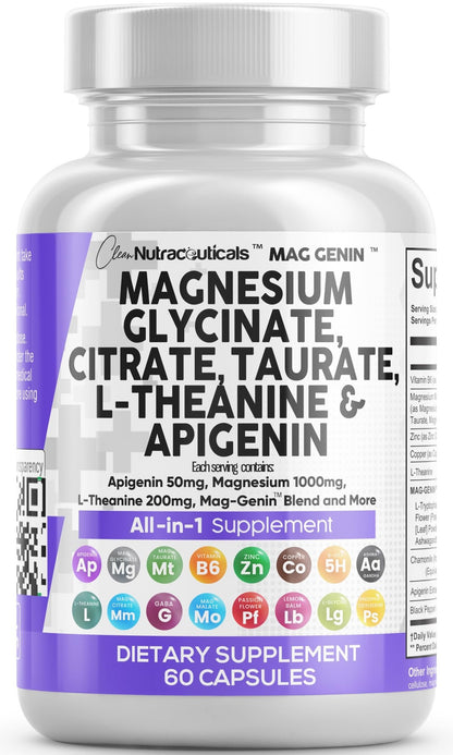 Clean Nutraceuticals Magnesium Glycinate Complex 1000mg with L-Theanine 200mg Apigenin 50mg Citrate Taurate Supplement - 5-HTP GABA Passion Flower Lemon Balm L-Glycine Phosphatidylserine - 60 Count - dailyvitalstore