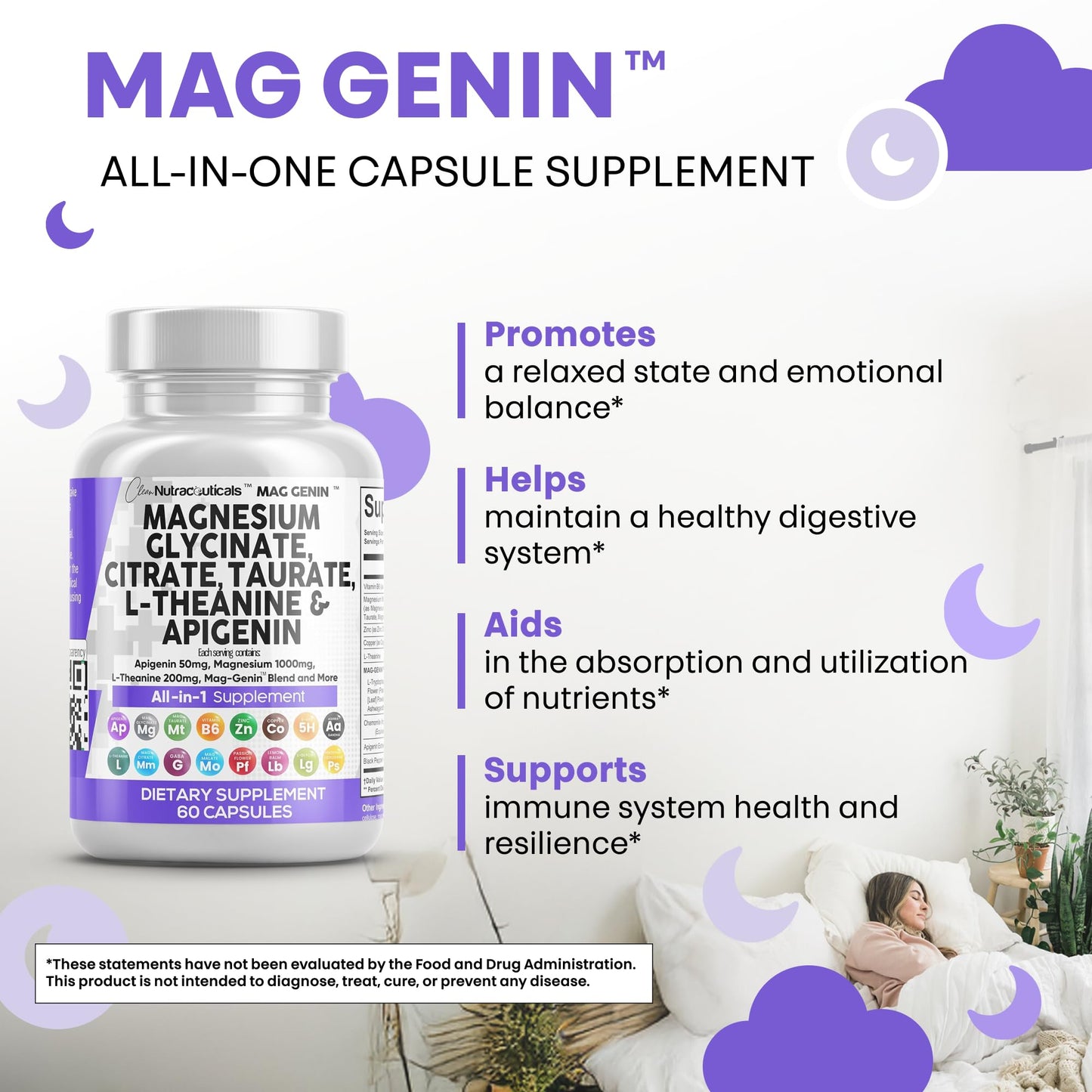 Clean Nutraceuticals Magnesium Glycinate Complex 1000mg with L-Theanine 200mg Apigenin 50mg Citrate Taurate Supplement - 5-HTP GABA Passion Flower Lemon Balm L-Glycine Phosphatidylserine - 60 Count - dailyvitalstore
