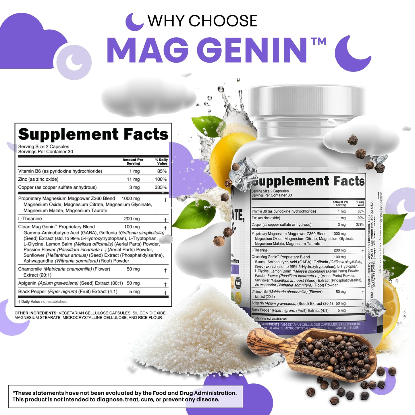 Clean Nutraceuticals Magnesium Glycinate Complex 1000mg with L-Theanine 200mg Apigenin 50mg Citrate Taurate Supplement - 5-HTP GABA Passion Flower Lemon Balm L-Glycine Phosphatidylserine - 60 Count - dailyvitalstore