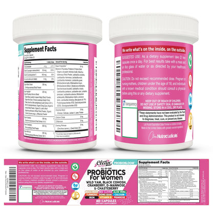 Clean Nutraceuticals Probiotics for Women with D Mannose, Cranberry Extract, Wild Yam, Chasteberry - 20 Probiotic and Prebiotic Strains - PH Balance, Womens Probiotic for Digestive Health - 60 Count - dailyvitalstore