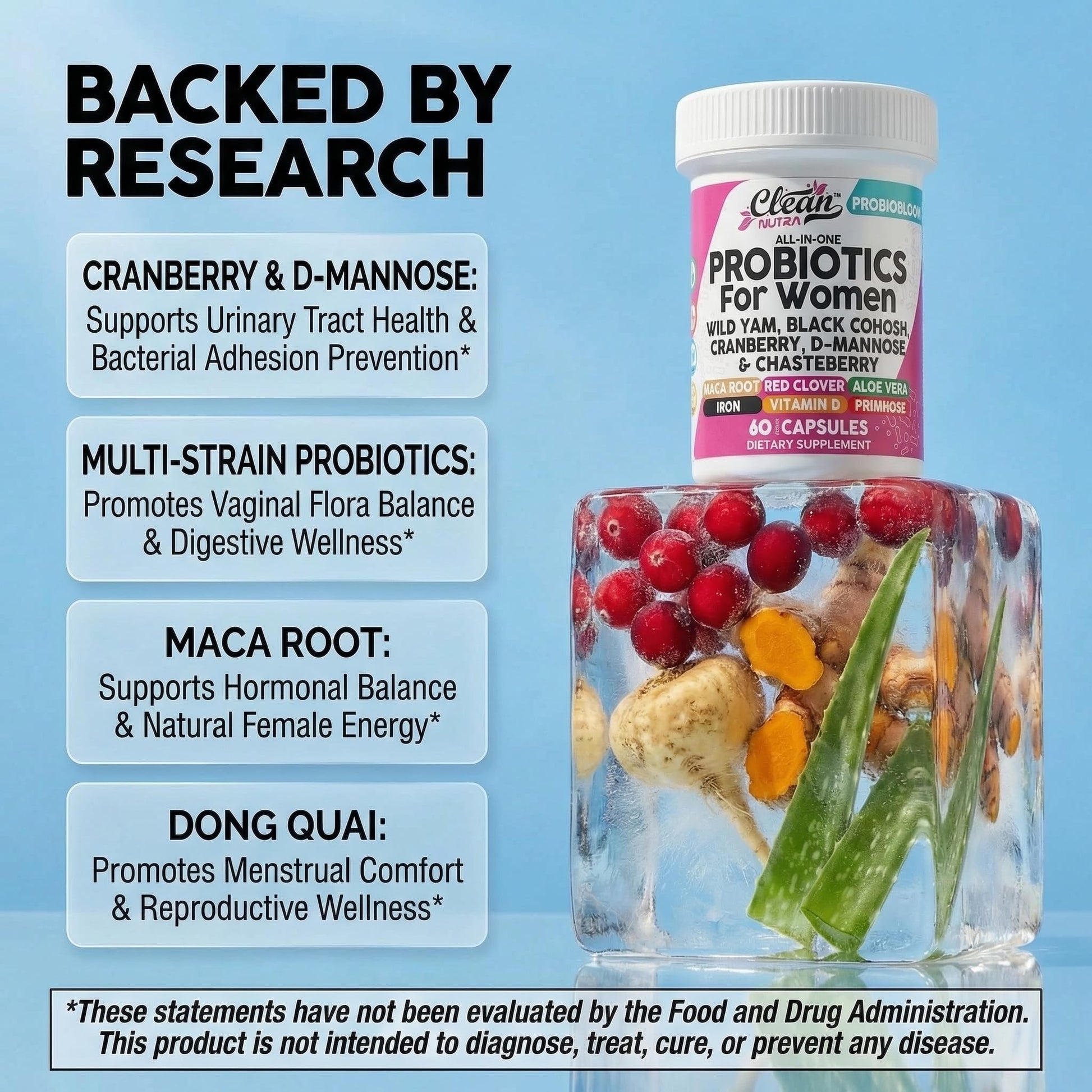 Clean Nutraceuticals Probiotics for Women with D Mannose, Cranberry Extract, Wild Yam, Chasteberry - 20 Probiotic and Prebiotic Strains - PH Balance, Womens Probiotic for Digestive Health - 60 Count - dailyvitalstore
