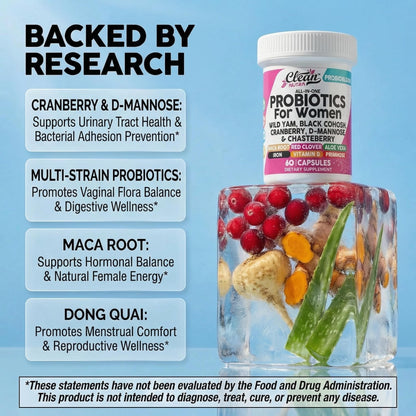 Clean Nutraceuticals Probiotics for Women with D Mannose, Cranberry Extract, Wild Yam, Chasteberry - 20 Probiotic and Prebiotic Strains - PH Balance, Womens Probiotic for Digestive Health - 60 Count - dailyvitalstore