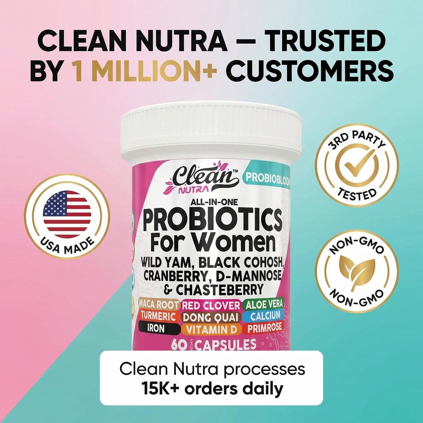 Clean Nutraceuticals Probiotics for Women with D Mannose, Cranberry Extract, Wild Yam, Chasteberry - 20 Probiotic and Prebiotic Strains - PH Balance, Womens Probiotic for Digestive Health - 60 Count - dailyvitalstore
