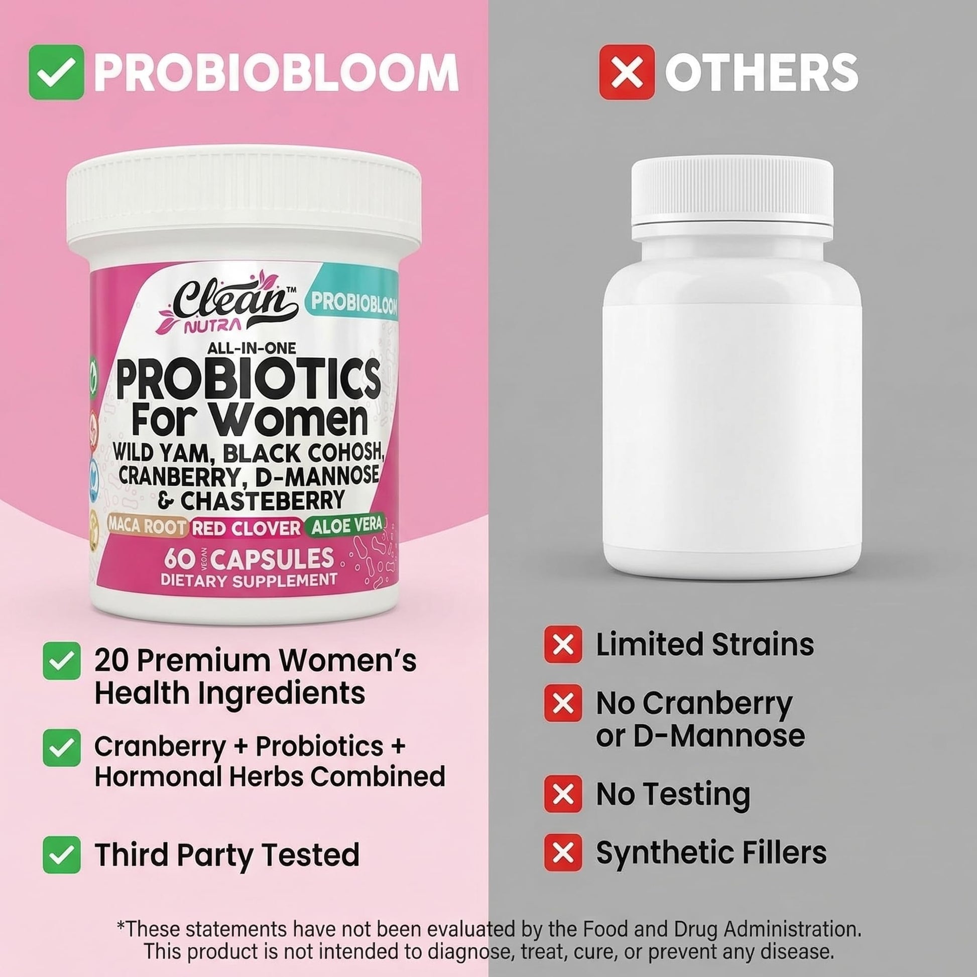 Clean Nutraceuticals Probiotics for Women with D Mannose, Cranberry Extract, Wild Yam, Chasteberry - 20 Probiotic and Prebiotic Strains - PH Balance, Womens Probiotic for Digestive Health - 60 Count - dailyvitalstore