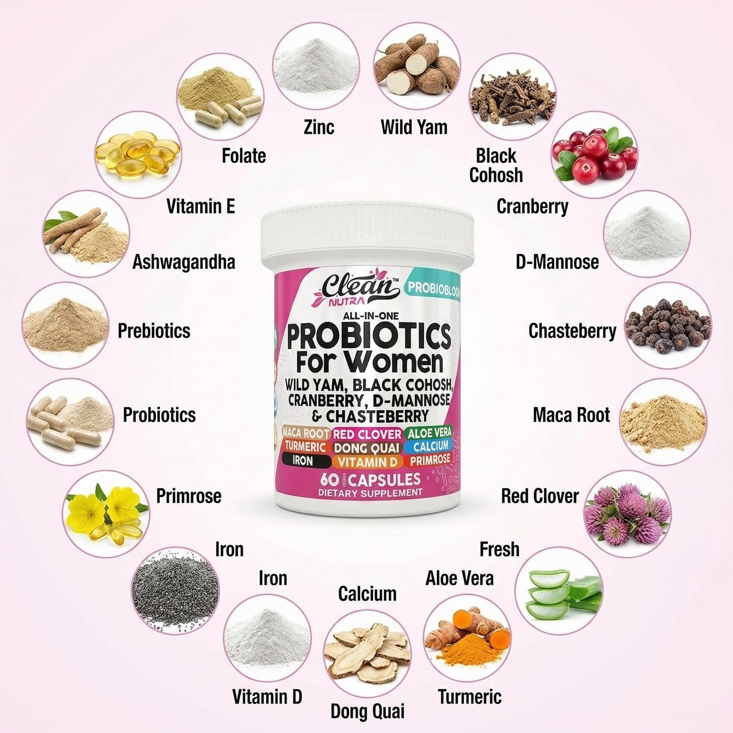 Clean Nutraceuticals Probiotics for Women with D Mannose, Cranberry Extract, Wild Yam, Chasteberry - 20 Probiotic and Prebiotic Strains - PH Balance, Womens Probiotic for Digestive Health - 60 Count - dailyvitalstore