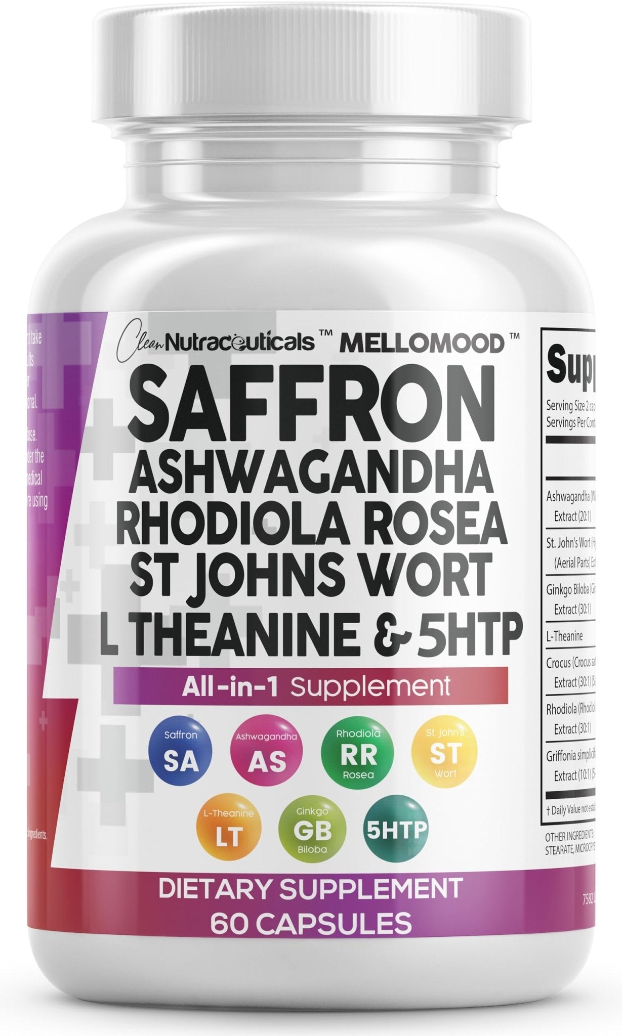 Clean Nutraceuticals Saffron Supplements Extract 100mg + Ashwagandha L-Theanine 200mg - Mood Support Ginkgo Biloba, St. John's Wort, Rhodiola Rosea & 5-HTP Capsules Pills Men Women - dailyvitalstore