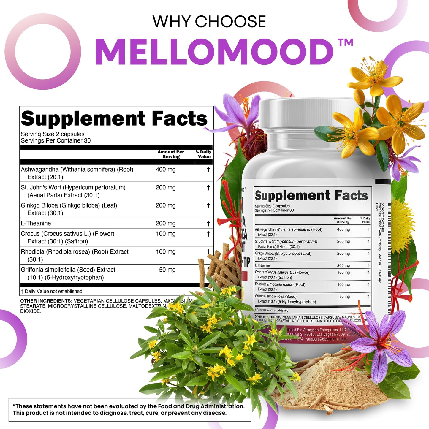 Clean Nutraceuticals Saffron Supplements Extract 100mg + Ashwagandha L-Theanine 200mg - Mood Support Ginkgo Biloba, St. John's Wort, Rhodiola Rosea & 5-HTP Capsules Pills Men Women - dailyvitalstore