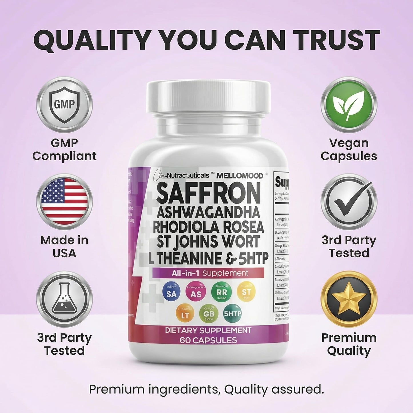 Clean Nutraceuticals Saffron Supplements Extract 100mg + Ashwagandha L-Theanine 200mg - Mood Support Ginkgo Biloba, St. John's Wort, Rhodiola Rosea & 5-HTP Capsules Pills Men Women - dailyvitalstore