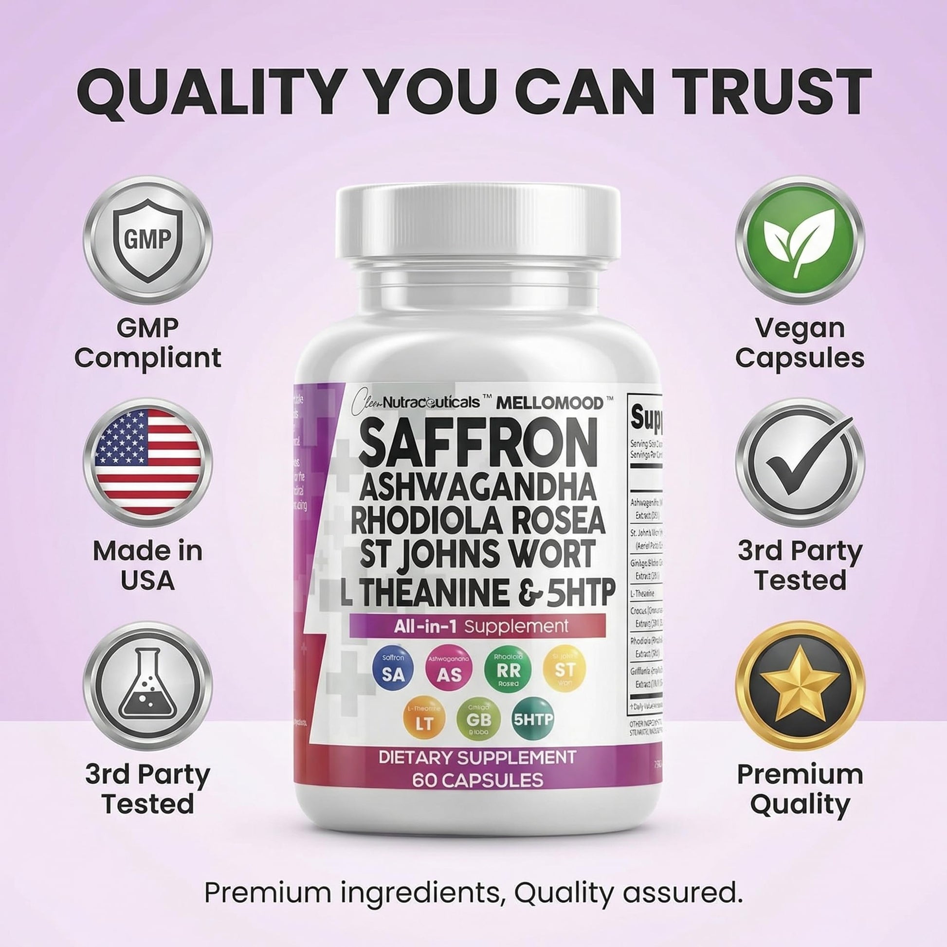 Clean Nutraceuticals Saffron Supplements Extract 100mg + Ashwagandha L-Theanine 200mg - Mood Support Ginkgo Biloba, St. John's Wort, Rhodiola Rosea & 5-HTP Capsules Pills Men Women - dailyvitalstore
