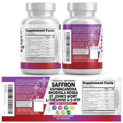 Clean Nutraceuticals Saffron Supplements Extract 100mg + Ashwagandha L-Theanine 200mg - Mood Support Ginkgo Biloba, St. John's Wort, Rhodiola Rosea & 5-HTP Capsules Pills Men Women - dailyvitalstore
