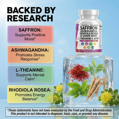 Clean Nutraceuticals Saffron Supplements Extract 100mg + Ashwagandha L-Theanine 200mg - Mood Support Ginkgo Biloba, St. John's Wort, Rhodiola Rosea & 5-HTP Capsules Pills Men Women - dailyvitalstore