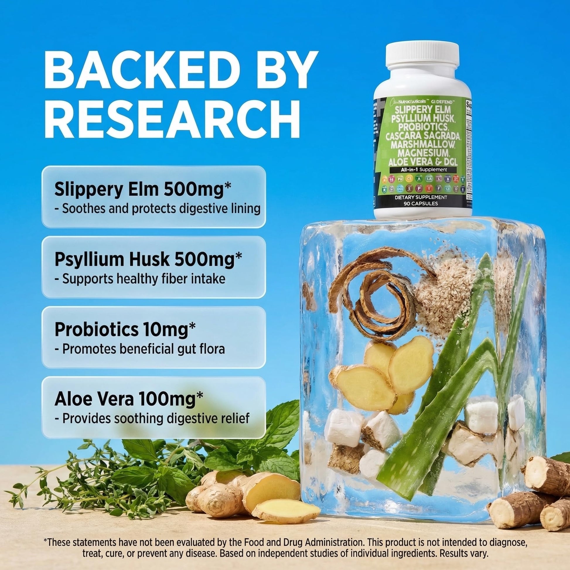 Clean Nutraceuticals Slippery Elm Psyllium Husk Pre Probiotic Digestive Gut Health Supplement with Aloe Vera Cascara Sagrada - dailyvitalstore