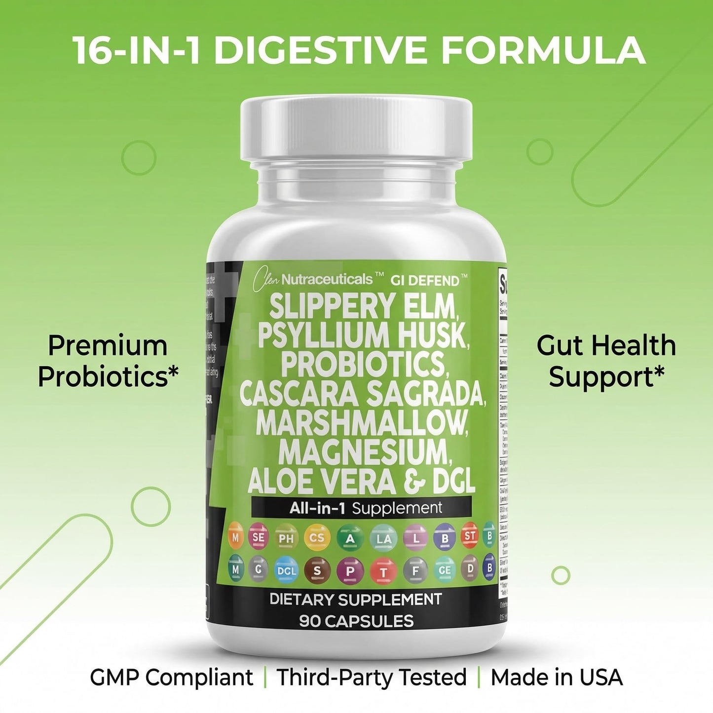 Clean Nutraceuticals Slippery Elm Psyllium Husk Pre Probiotic Digestive Gut Health Supplement with Aloe Vera Cascara Sagrada - dailyvitalstore