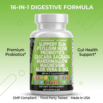 Clean Nutraceuticals Slippery Elm Psyllium Husk Pre Probiotic Digestive Gut Health Supplement with Aloe Vera Cascara Sagrada - dailyvitalstore