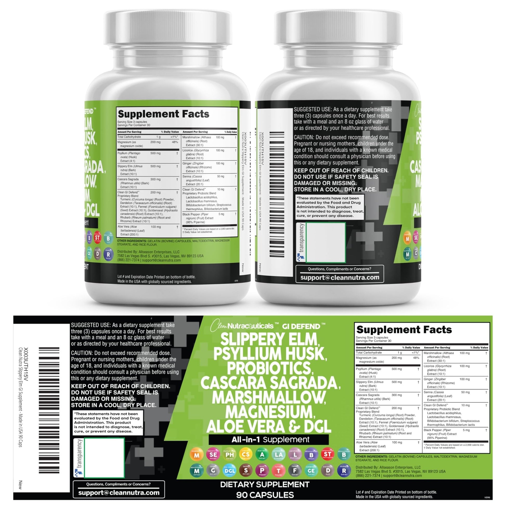 Clean Nutraceuticals Slippery Elm Psyllium Husk Pre Probiotic Digestive Gut Health Supplement with Aloe Vera Cascara Sagrada - dailyvitalstore