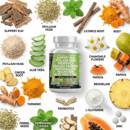 Clean Nutraceuticals Slippery Elm Psyllium Husk Pre Probiotic Digestive Gut Health Supplement with Aloe Vera Cascara Sagrada - dailyvitalstore