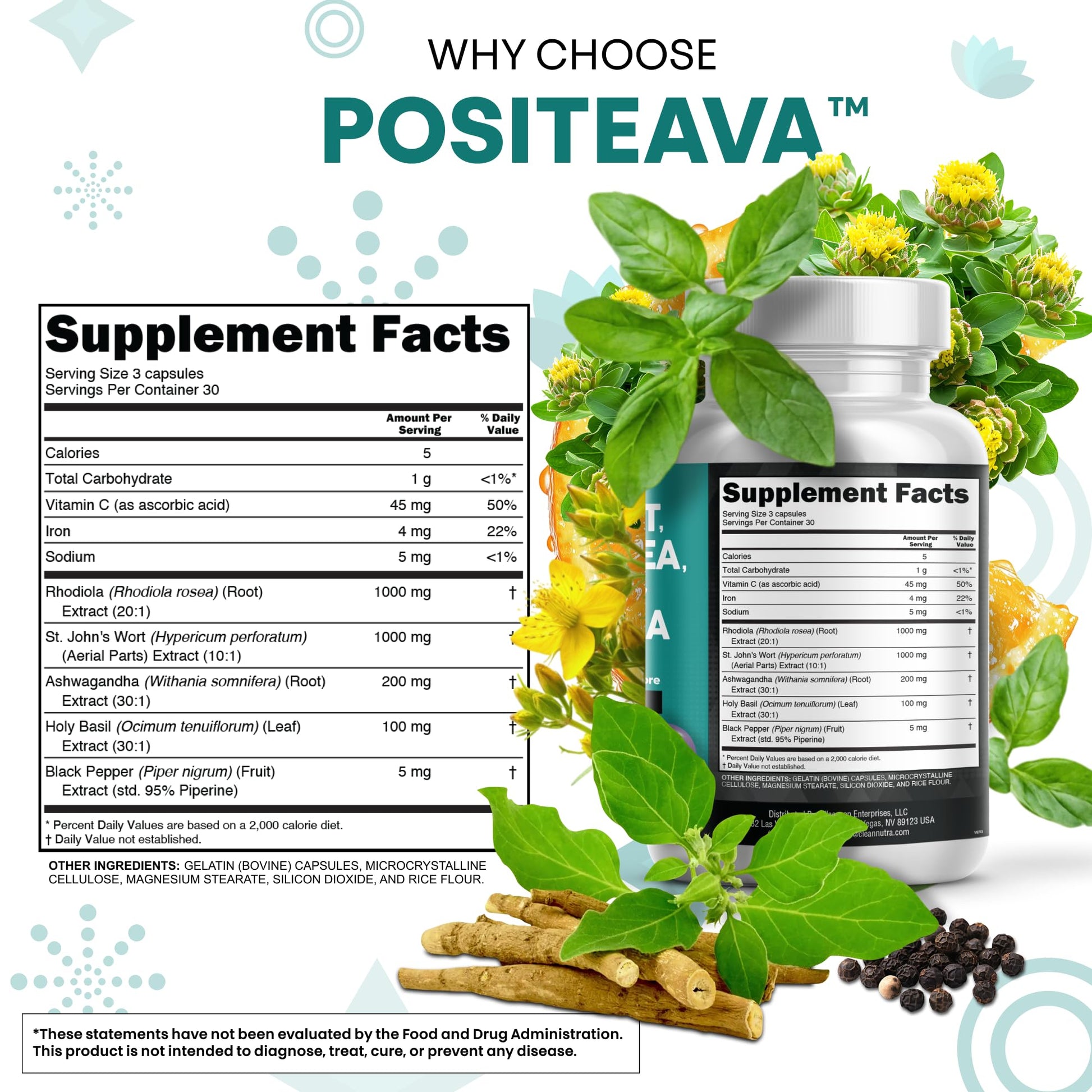 Clean Nutraceuticals St Johns Wort Rhodiola Rosea Holy Basil Ashwagandha - Mood Support for Women and Men with Vitamin C & Black Pepper Extract - 90 Caps - dailyvitalstore
