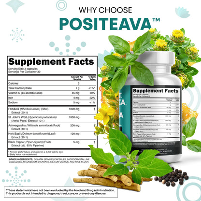 Clean Nutraceuticals St Johns Wort Rhodiola Rosea Holy Basil Ashwagandha - Mood Support for Women and Men with Vitamin C & Black Pepper Extract - 90 Caps - dailyvitalstore