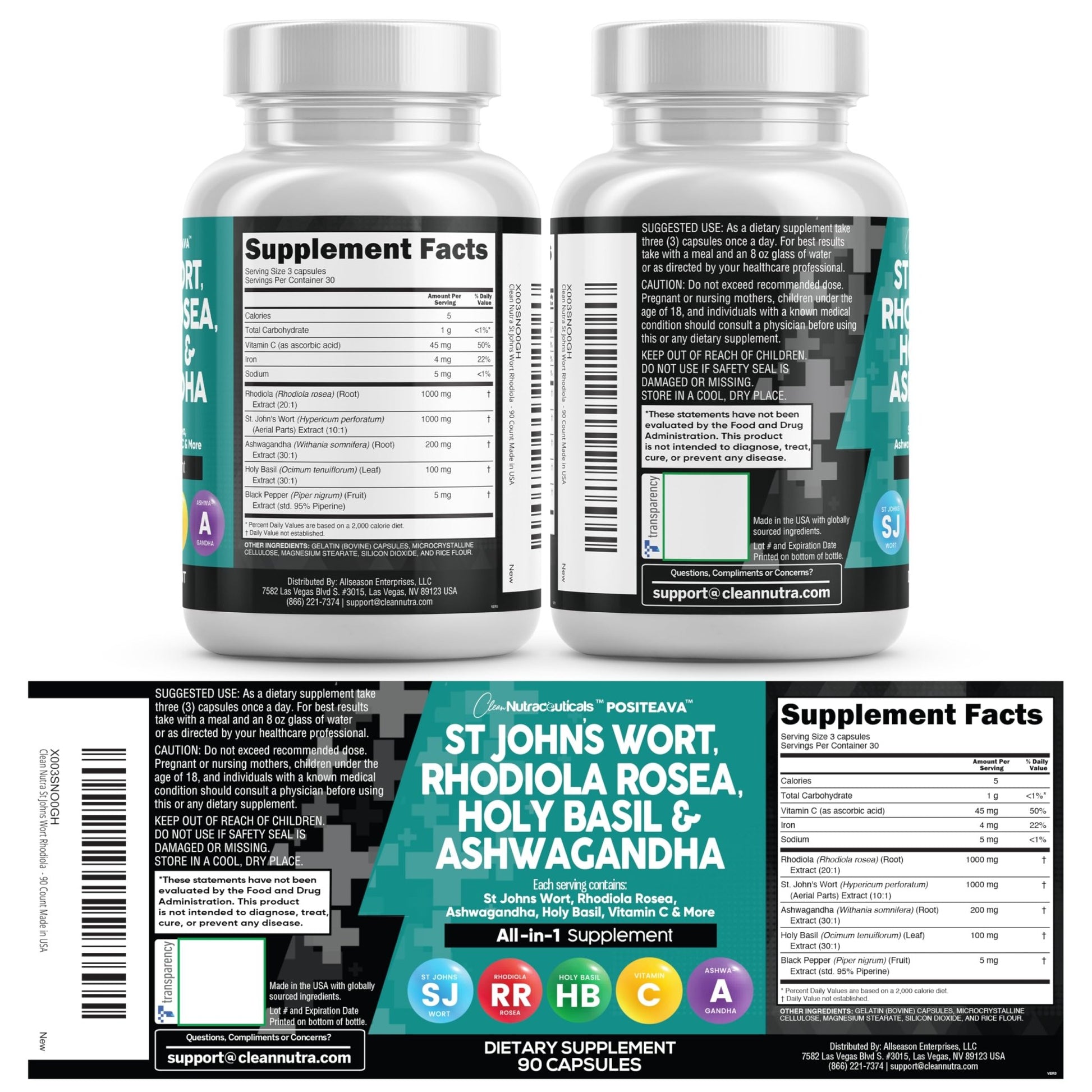 Clean Nutraceuticals St Johns Wort Rhodiola Rosea Holy Basil Ashwagandha - Mood Support for Women and Men with Vitamin C & Black Pepper Extract - 90 Caps - dailyvitalstore