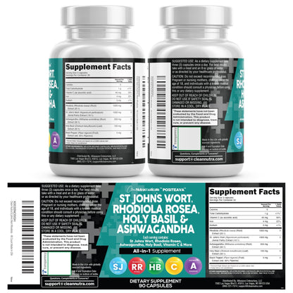 Clean Nutraceuticals St Johns Wort Rhodiola Rosea Holy Basil Ashwagandha - Mood Support for Women and Men with Vitamin C & Black Pepper Extract - 90 Caps - dailyvitalstore