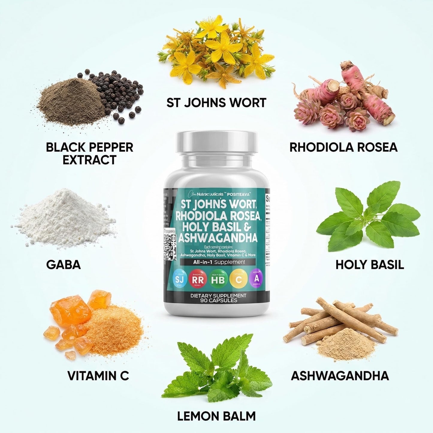 Clean Nutraceuticals St Johns Wort Rhodiola Rosea Holy Basil Ashwagandha - Mood Support for Women and Men with Vitamin C & Black Pepper Extract - 90 Caps - dailyvitalstore