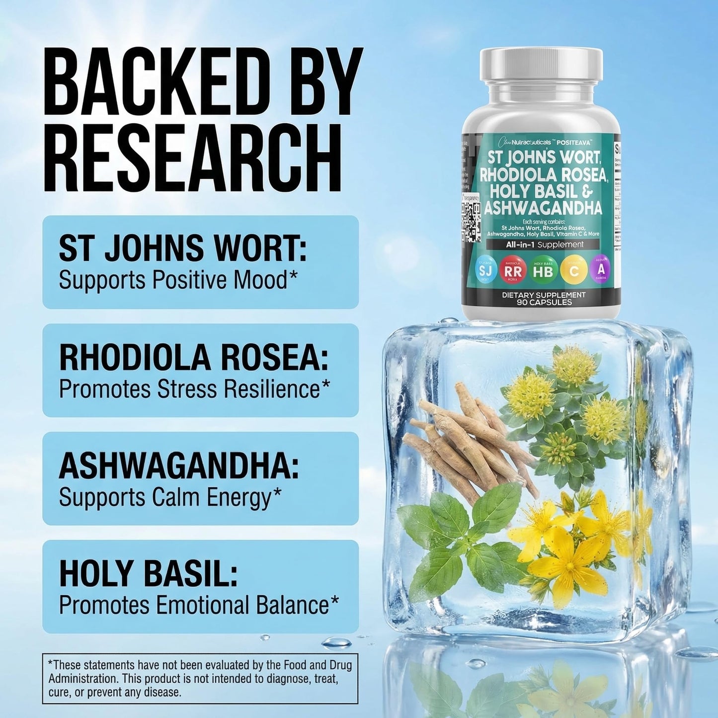 Clean Nutraceuticals St Johns Wort Rhodiola Rosea Holy Basil Ashwagandha - Mood Support for Women and Men with Vitamin C & Black Pepper Extract - 90 Caps - dailyvitalstore
