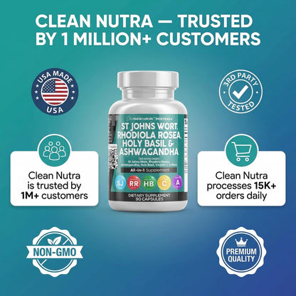 Clean Nutraceuticals St Johns Wort Rhodiola Rosea Holy Basil Ashwagandha - Mood Support for Women and Men with Vitamin C & Black Pepper Extract - 90 Caps - dailyvitalstore