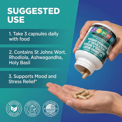 Clean Nutraceuticals St Johns Wort Rhodiola Rosea Holy Basil Ashwagandha - Mood Support for Women and Men with Vitamin C & Black Pepper Extract - 90 Caps - dailyvitalstore