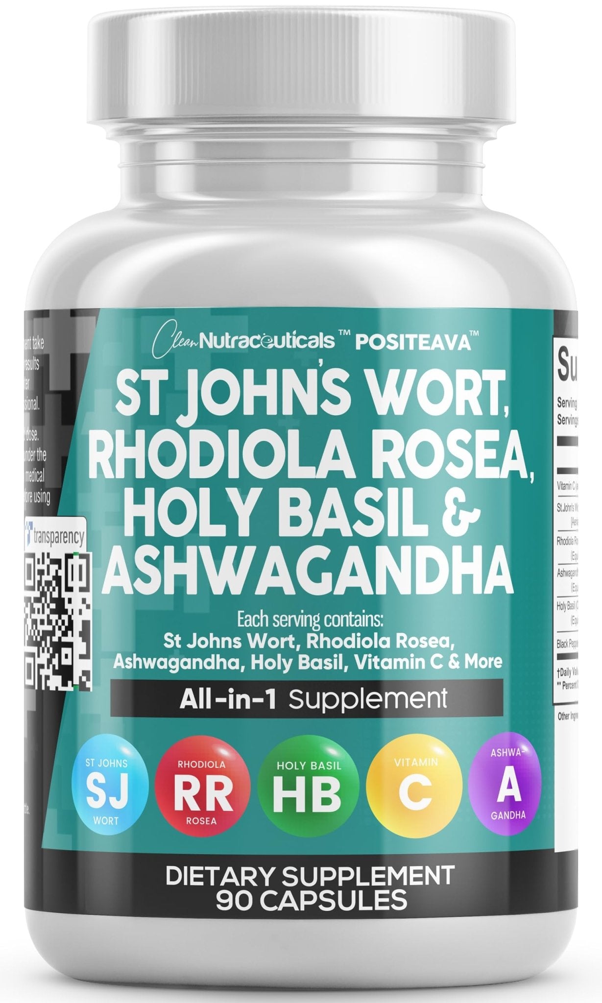Clean Nutraceuticals St Johns Wort Rhodiola Rosea Holy Basil Ashwagandha - Mood Support for Women and Men with Vitamin C & Black Pepper Extract - 90 Caps - dailyvitalstore