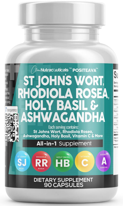 Clean Nutraceuticals St Johns Wort Rhodiola Rosea Holy Basil Ashwagandha - Mood Support for Women and Men with Vitamin C & Black Pepper Extract - 90 Caps - dailyvitalstore