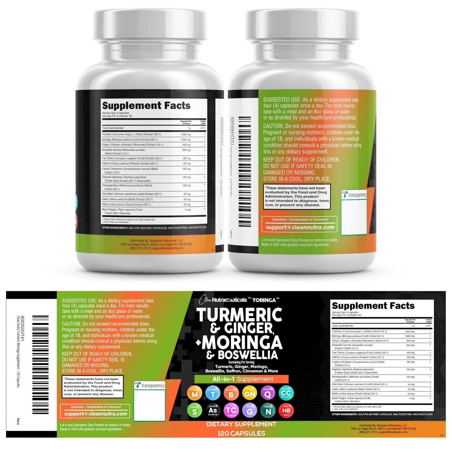 Clean Nutraceuticals Turmeric Moringa Supplement | Ginger Boswellia Saffron - Supplement for Women and Men with Ceylon Cinnamon - dailyvitalstore