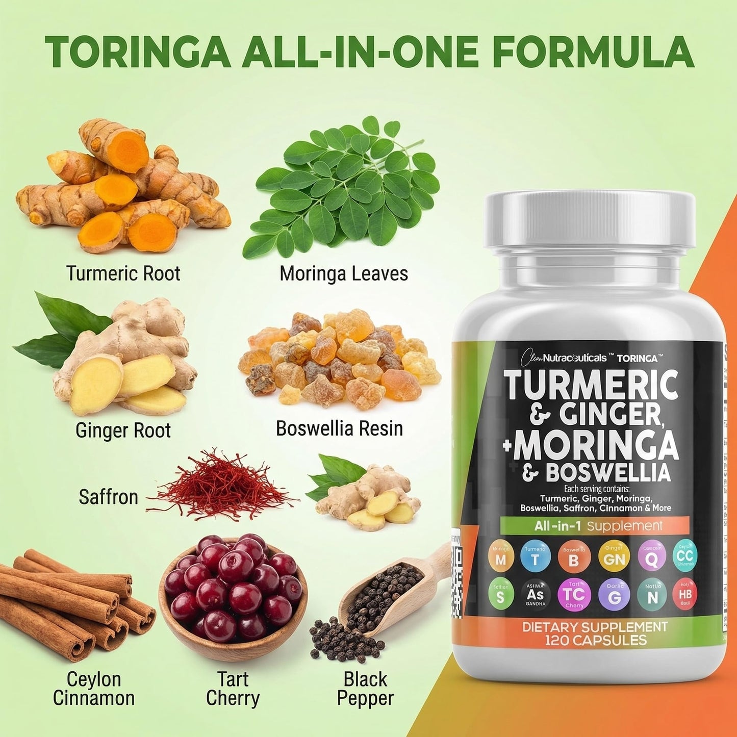 Clean Nutraceuticals Turmeric Moringa Supplement | Ginger Boswellia Saffron - Supplement for Women and Men with Ceylon Cinnamon - dailyvitalstore