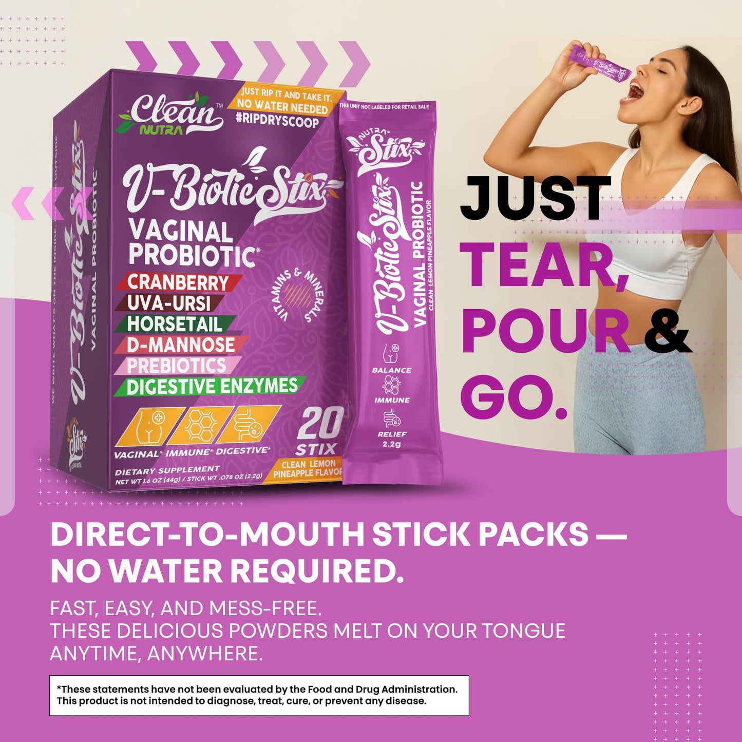 Clean Nutraceuticals Vaginal Probiotics for Women with Cranberry Extract, D-Mannose, Prebiotics, pH Balance for Women, Vaginal Health – Womens Probiotic Alternative to Gummies - 20 Stix - dailyvitalstore
