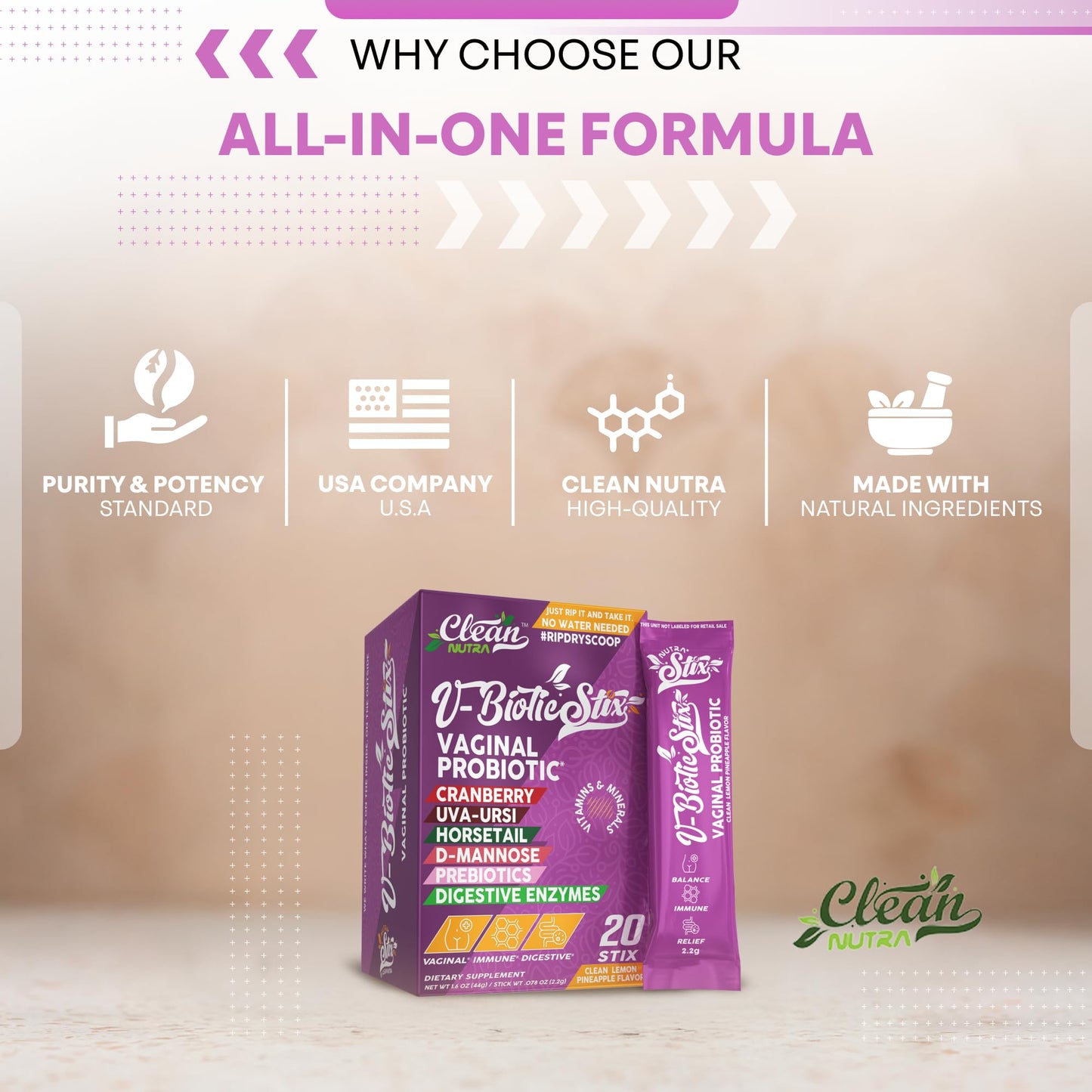 Clean Nutraceuticals Vaginal Probiotics for Women with Cranberry Extract, D-Mannose, Prebiotics, pH Balance for Women, Vaginal Health – Womens Probiotic Alternative to Gummies - 20 Stix - dailyvitalstore