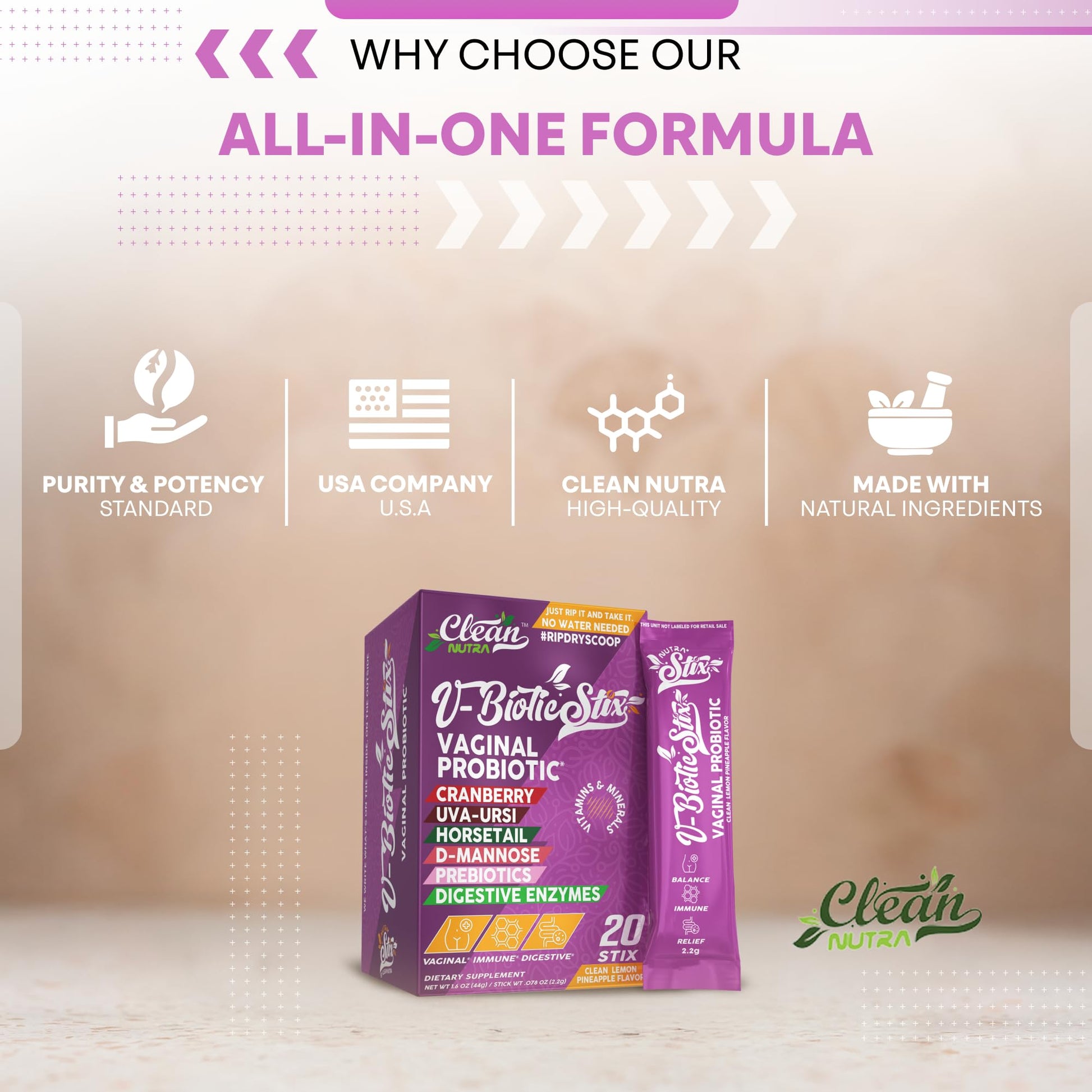 Clean Nutraceuticals Vaginal Probiotics for Women with Cranberry Extract, D-Mannose, Prebiotics, pH Balance for Women, Vaginal Health – Womens Probiotic Alternative to Gummies - 20 Stix - dailyvitalstore