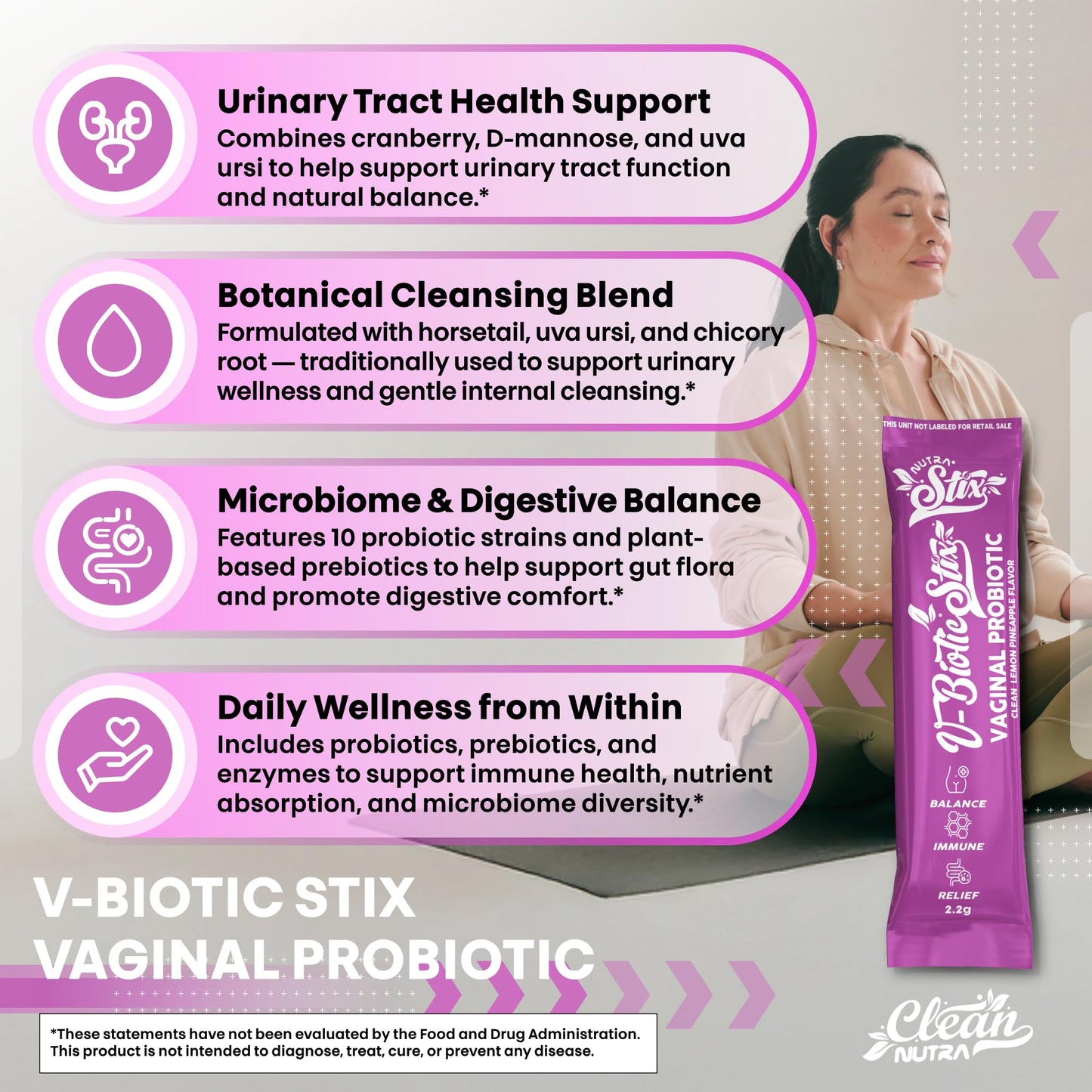 Clean Nutraceuticals Vaginal Probiotics for Women with Cranberry Extract, D-Mannose, Prebiotics, pH Balance for Women, Vaginal Health – Womens Probiotic Alternative to Gummies - 20 Stix - dailyvitalstore