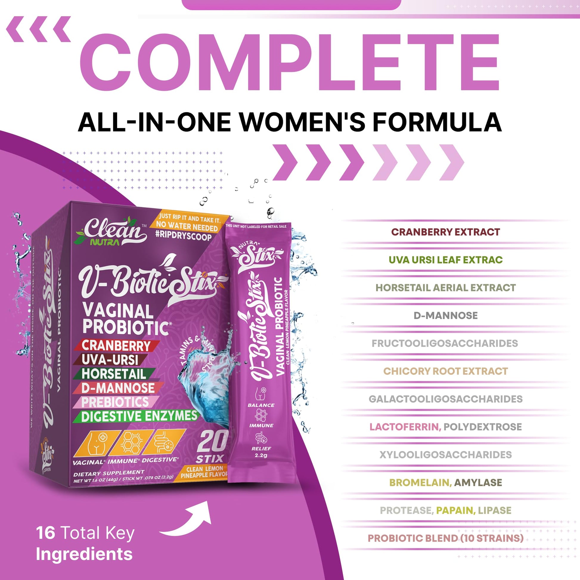 Clean Nutraceuticals Vaginal Probiotics for Women with Cranberry Extract, D-Mannose, Prebiotics, pH Balance for Women, Vaginal Health – Womens Probiotic Alternative to Gummies - 20 Stix - dailyvitalstore