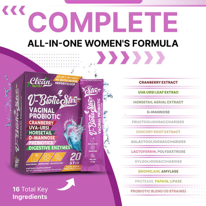 Clean Nutraceuticals Vaginal Probiotics for Women with Cranberry Extract, D-Mannose, Prebiotics, pH Balance for Women, Vaginal Health – Womens Probiotic Alternative to Gummies - 20 Stix - dailyvitalstore